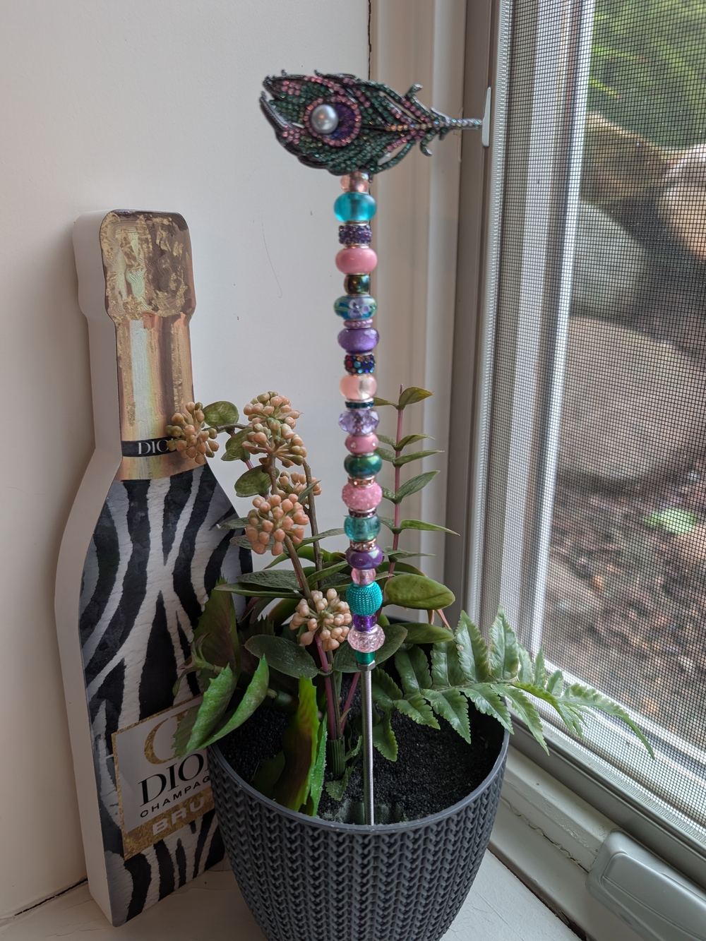 Hand Made Fairy Wand/Plant/Garden Stake W/Sparkly Peacock Feather Topper 🦚